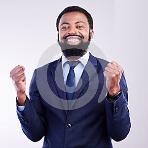 Yes, winner portrait and business black man isolated on gray background celebration for opportunity, bonus or winning