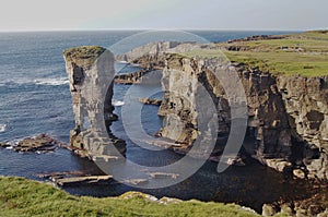 Yesnaby castle sea stack and Yesnaby Cliffs on the Mainland of Orkney, Scotland