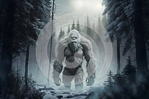 Yeti or abominable snowman walks through winter forest area. Neural network generated art