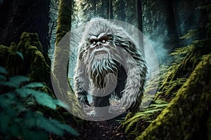 Yeti or abominable snowman walks through winter forest area. Neural network generated art