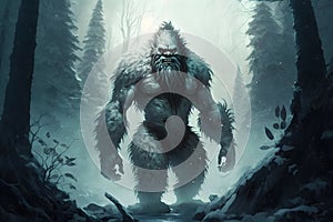 Yeti or abominable snowman walks through winter forest area. Neural network generated art