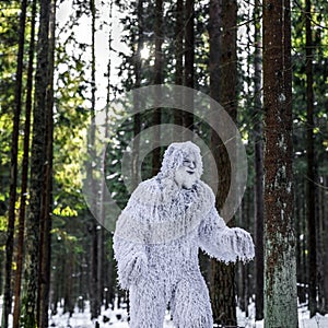 Yeti fairy tale character in winter forest. Outdoor fantasy photo.