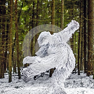 Yeti fairy tale character in winter forest. Outdoor fantasy photo.