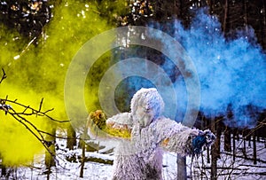 Yeti fairy tale character in winter forest. Outdoor fantasy photo.