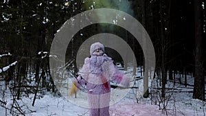 Yeti fairy tale character in winter forest. Outdoor fantasy slow motion footage.