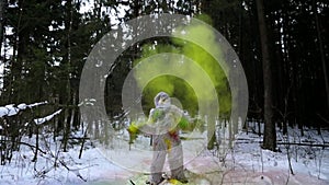 Yeti fairy tale character in winter forest. Outdoor fantasy slow motion footage.