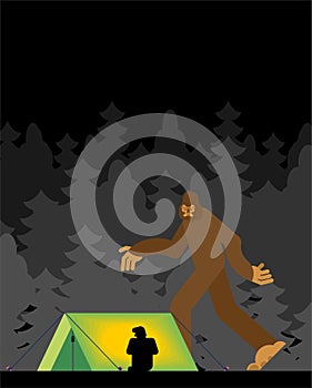 Yeti in forest scares man in tent. Bigfoot and tourist