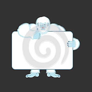 Yeti holding banner blank. Bigfoot and white blank. Abominable s