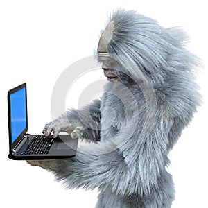 Yeti with laptop concept 3d illustration isolated on white background