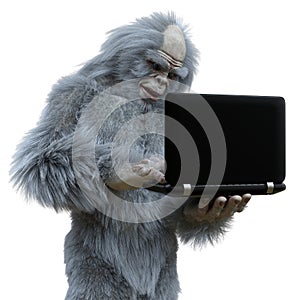 Yeti with laptop concept 3d illustration isolated on white background