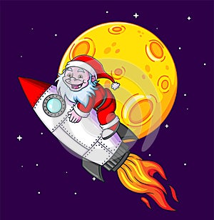 The yeti with the santa claus costume is flying until the moon with the turbo rocket