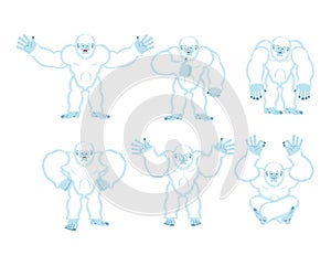 Yeti set poses and motion. Bigfoot happy and yoga. Abominable sn