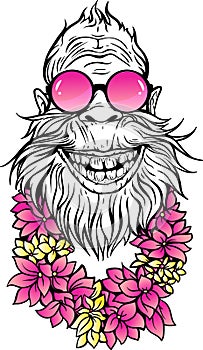 Yeti in sunglasses and hawaiian lei.