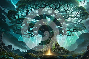 Yggdrasil illuminated from within, branches sprawling across the Norse cosmos, roots entwined with ancient realms