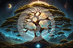 Yggdrasil, majestic tree of life from Norse mythology, branches entwining the cosmos, trunk aglow with divine radiance