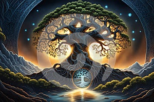 Yggdrasil, majestic tree of life from Norse mythology, branches entwining the cosmos, trunk aglow with divine radiance