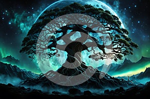 Yggdrasil, majestic tree of life from Norse mythology, branches entwining the cosmos, trunk aglow with divine radiance