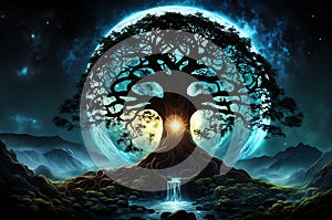 Yggdrasil, majestic tree of life from Norse mythology, branches entwining the cosmos, trunk aglow with divine radiance