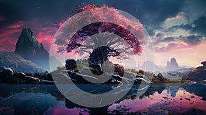 Yggdrasil Tree Of Life. Fantasy Giant Tree. Viking World Tree Of Celtic World. Purple Yggdrasil Generative AI