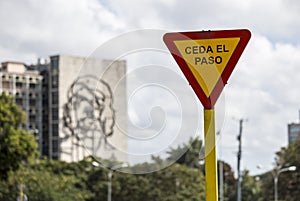 Yield sign at Plaza de la Revolucion in Havana, Cuba photo