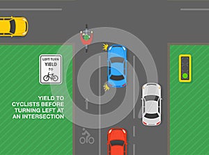 Yield to cyclists before turning left at an intersection. Top view of a junction with bike lane.