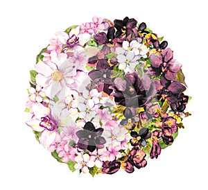 Yin yan, ying yang symbol with flowers. Watercolor