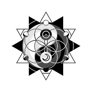 Yin yang with astrological symbols together with flower of life in circle, vector sacred oriental symbol