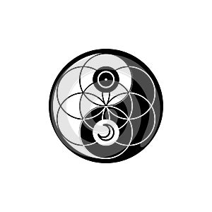 Yin yang with astrological symbols together with flower of life in circle, vector sacred oriental symbol