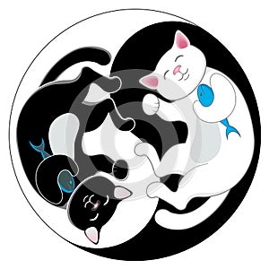 Yin yang with black and white maneki neko cats