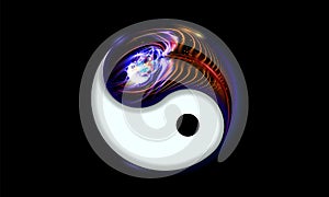 Yin and yang button, icon isolated on black background decorated luminescence peacock feather. Spiritual relaxation of glowing