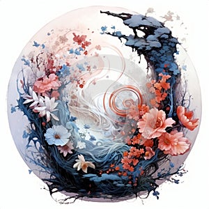Yin yang design with beautiful flowers. Perfect harmony.
