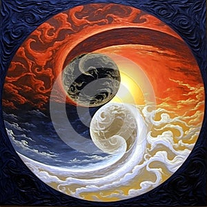 Yin yang design with fire and water or hot and cold. Perfect harmony.
