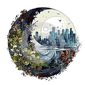 Yin yang design with town and nature. Perfect harmony.