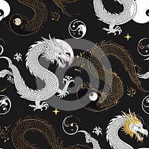 Yin Yang Dragons Seamless Pattern on Black Background