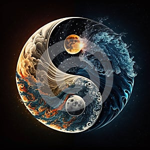 Yin and Yang Moon and Sun Illustration, Yin-yang symbol Water and Fire, Generative AI