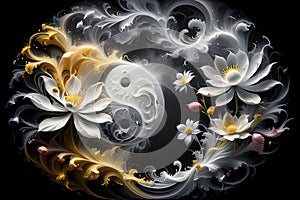 Yin Yang symbol with beautiful flowers, beautiful harmony.