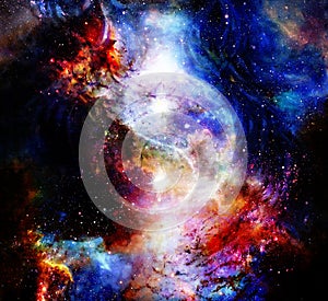 Yin Yang Symbol in cosmic space. Cosmic background. photo