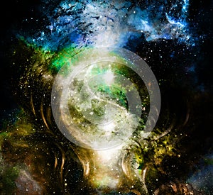 Yin Yang Symbol in cosmic space. Cosmic background. photo