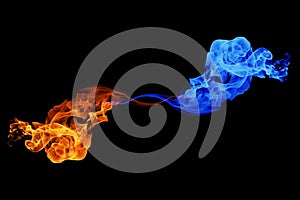 Yin-yang symbol, fire and ice background