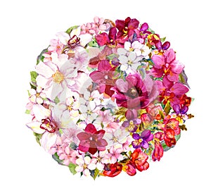 Yin yang symbol with flowers. Watercolor photo