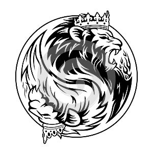 Yin Yang Symbol Head King And Queen Lions Black White