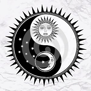 Yin yang symbol with moon and sun