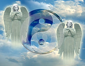 Yin yang symbol with two praying angels over beautiful sky