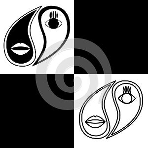 Yin Yang. Vector logo in the shape of yin-yang with a stylized image of the eyes and lips. Monochrome. Black and white