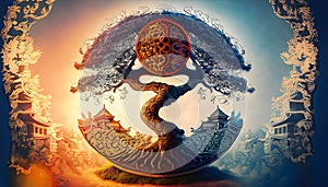 Ying yang of balance Yggdrasil tree of life Norse mythology