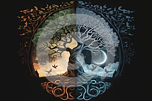 Ying yang concept of balance Yggdrasil tree of life norse mythology