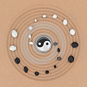 Ying Yang Sign with White and Black Stones over Zen Meditation Sand Garden. 3d Rendering