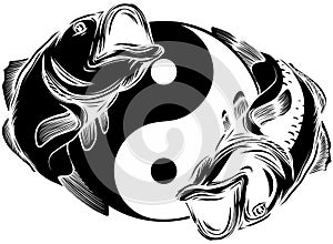 Ying yang symbol of harmony and balance. Hand drawn outline Koi fish vector illustration