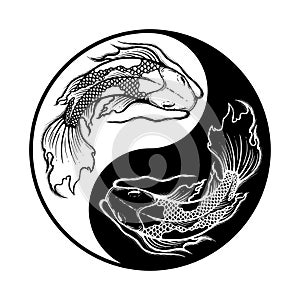 Ying yang symbol of harmony and balance. Hand drawn outline Koi fish vector illustration, tattoo design, japan style, line art ink