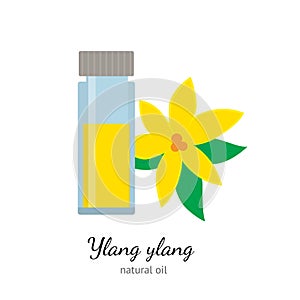 Ylang-Ylang essential oil with flowers isolated on white background.